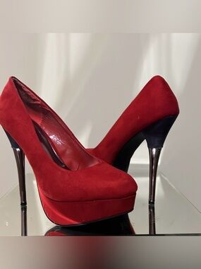 Red Suede Platform High Heel Pumps - Women's